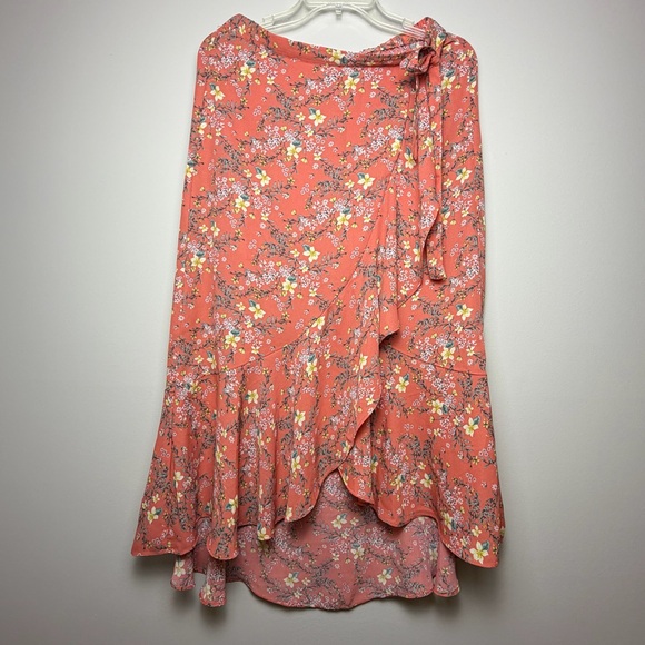 Max Studio Coral Floral Asymmetrical Wrap Skirt Small Boho Ruffle Midi Skirt - Picture 2 of 9